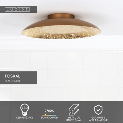 Lucide FOSKAL - Plafonnier - Ø 34,5 cm - LED - 1x12W 2700K - Laiton